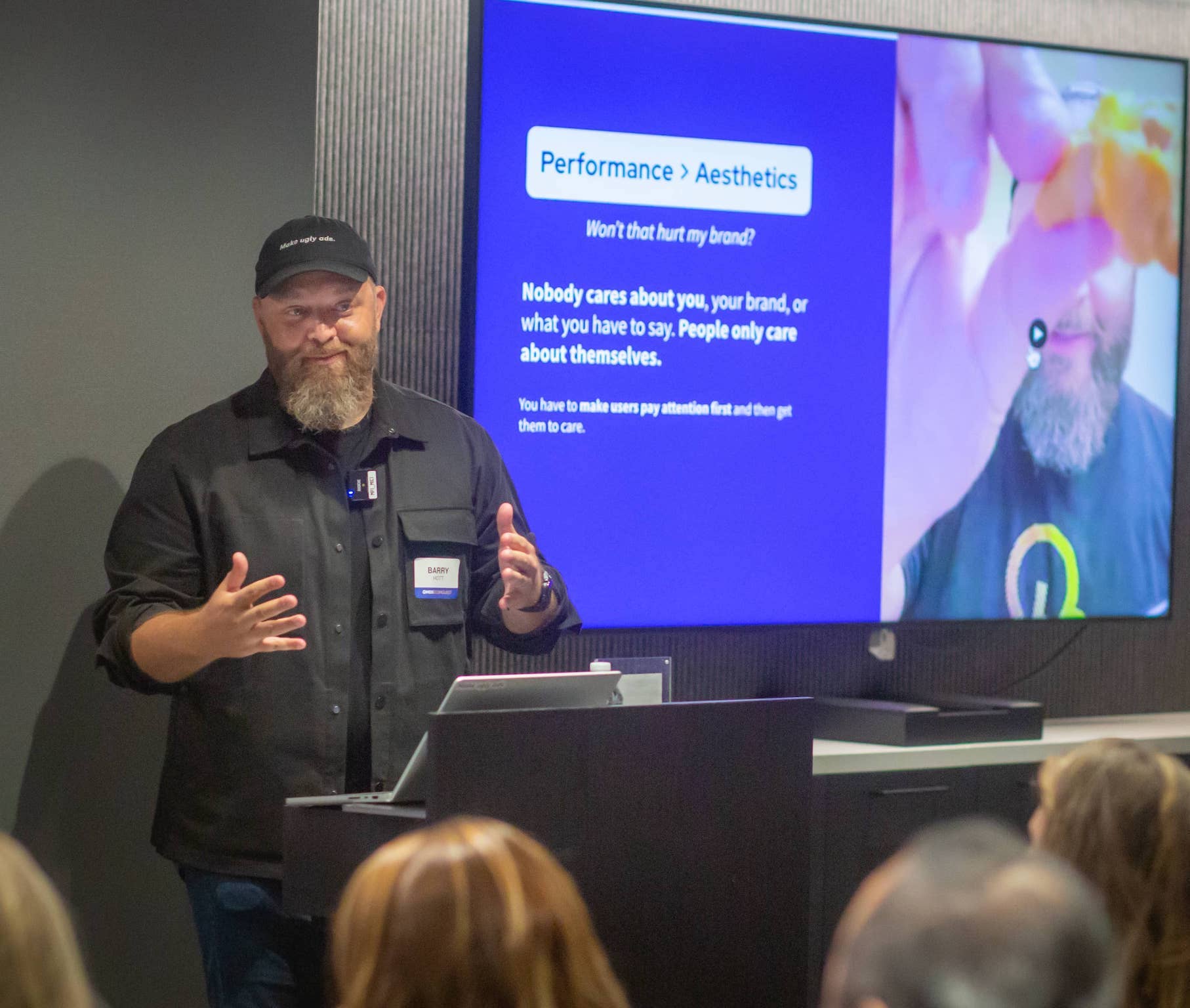 Barry Hott presenting a "Performance > Aesthetics" slide to a room