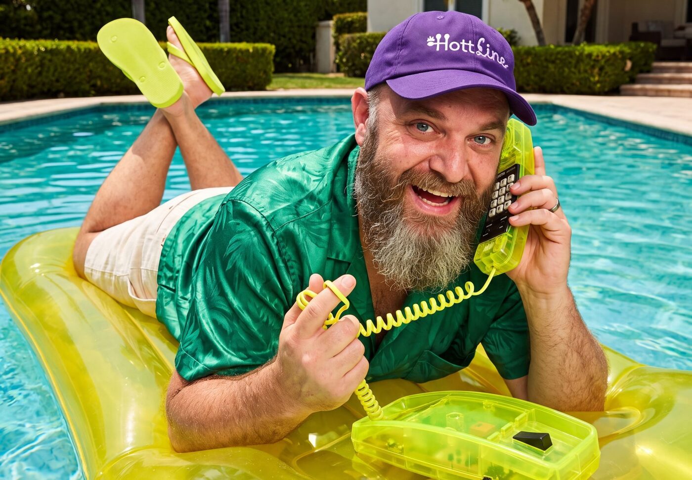 Barry Hott in a HottLine hat, lying on a pool float and talking on a neon yellow phone